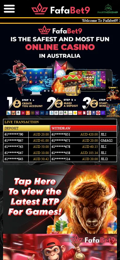 Fafabet9 Casino home page on a mobile device
