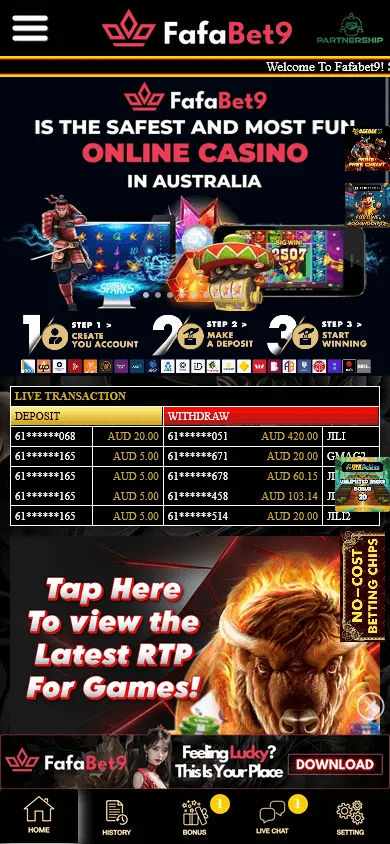 Fafabet9 Casino games area on a mobile device